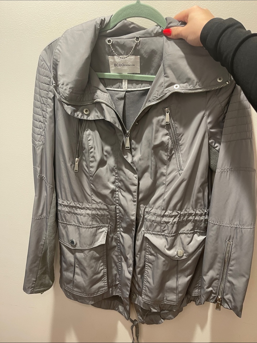 BCBGeneration Gray Lightweight Utility Rain Jacket with Zip Pockets